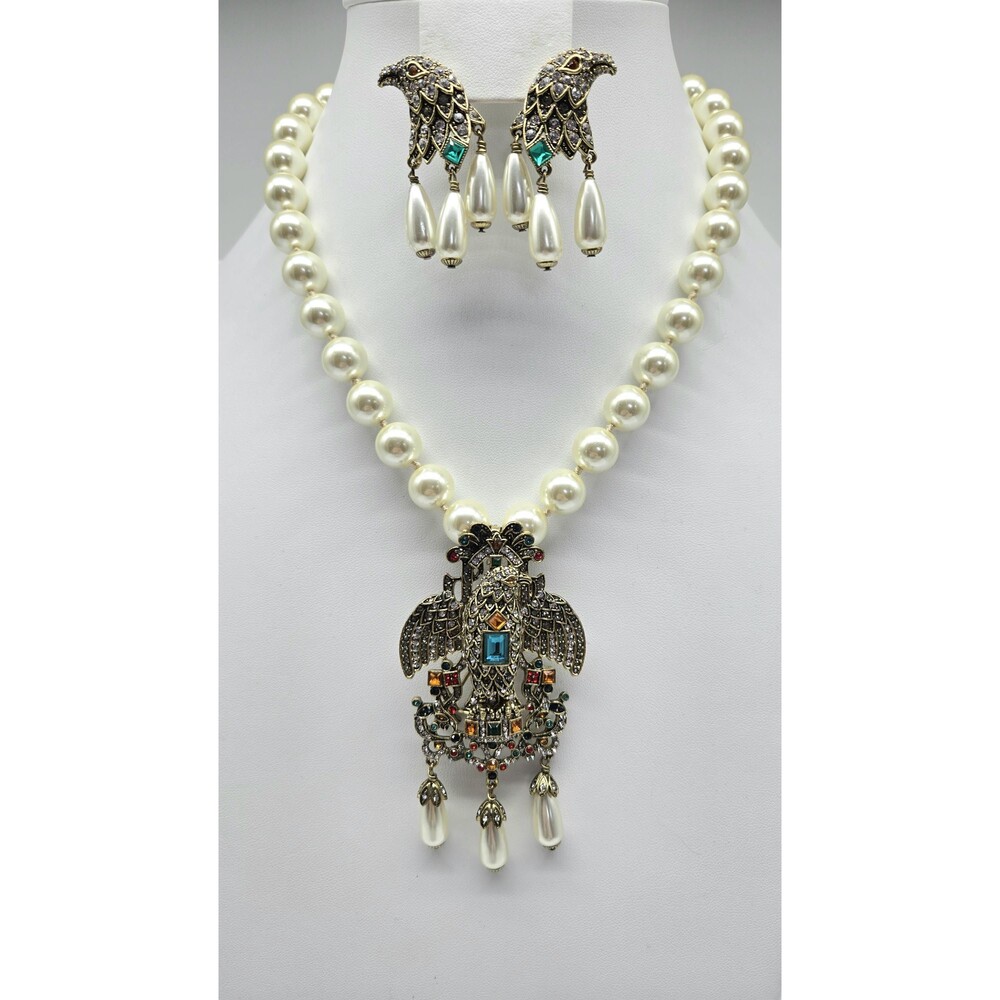 Heidi Daus Heraldic Eagle Necklace Earrings Brooch Pendant Set Swarovski Crystal